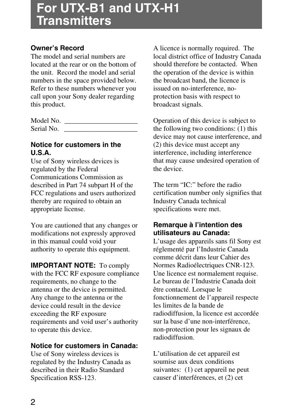 For utx-b1 and utx-h1 transmitters | Sony UPW-C1/C2 User Manual | Page 2 / 52