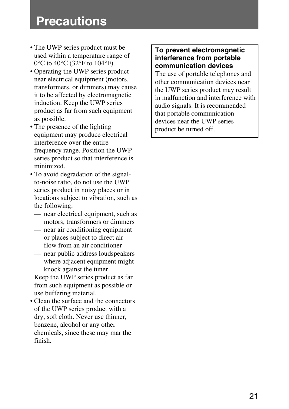 Precautions | Sony UPW-C1/C2 User Manual | Page 21 / 52