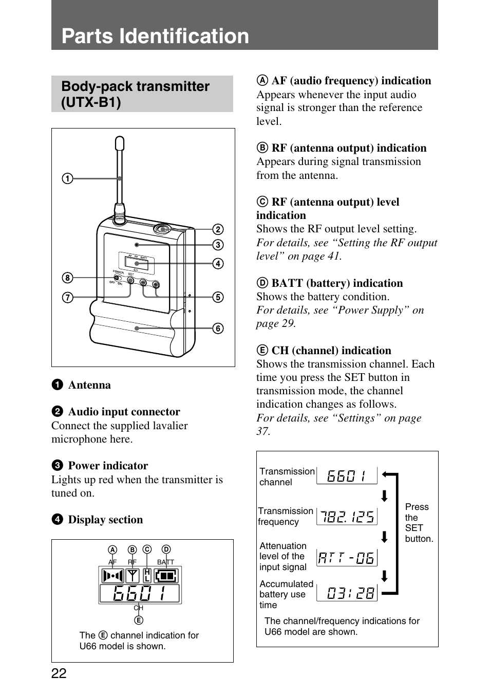 Parts identification, Body-pack transmitter (utx-b1), Parts identification 22 | Sony UPW-C1/C2 User Manual | Page 22 / 52