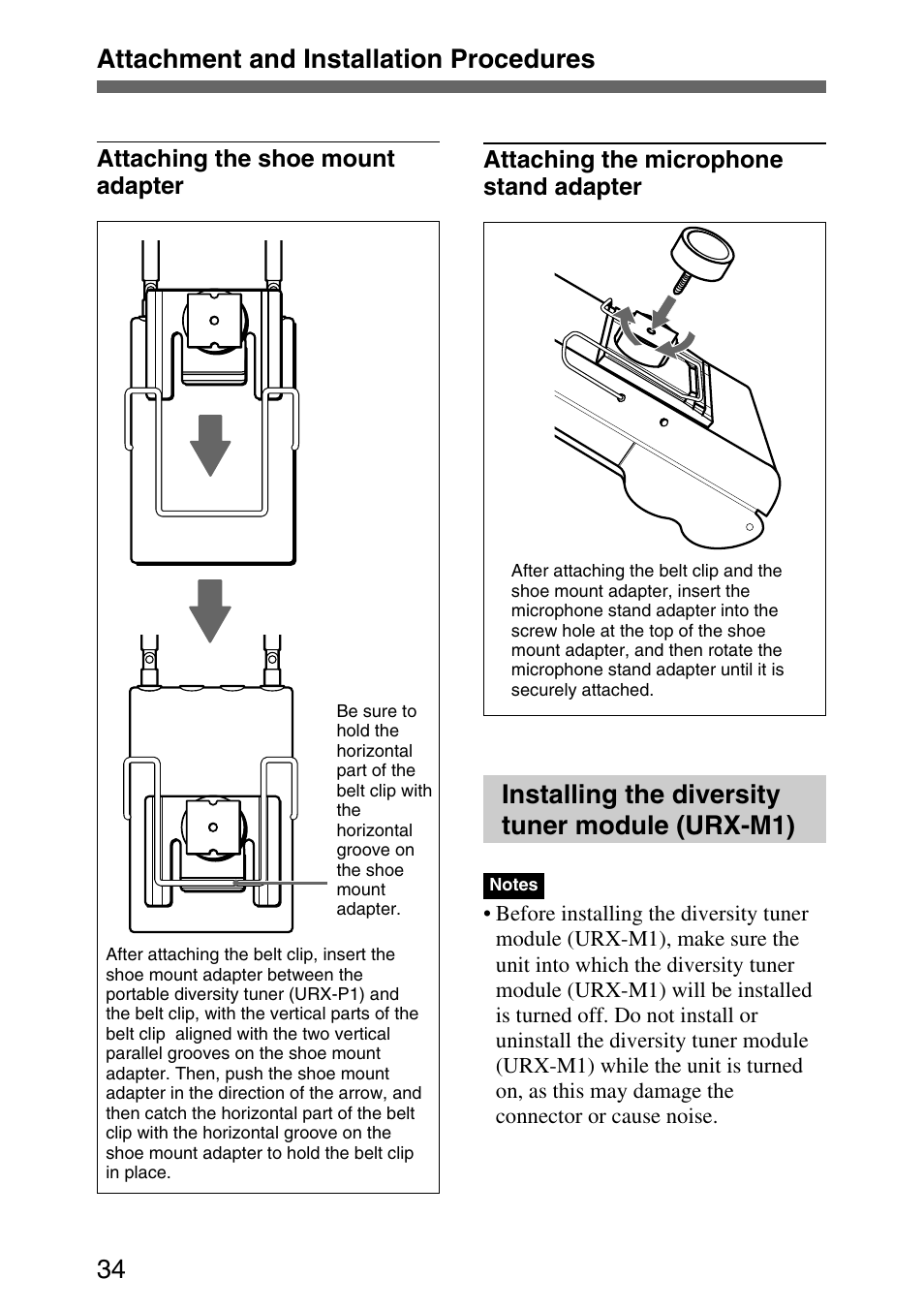 Installing the diversity tuner module (urx-m1), Attachment and installation procedures 34 | Sony UPW-C1/C2 User Manual | Page 34 / 52