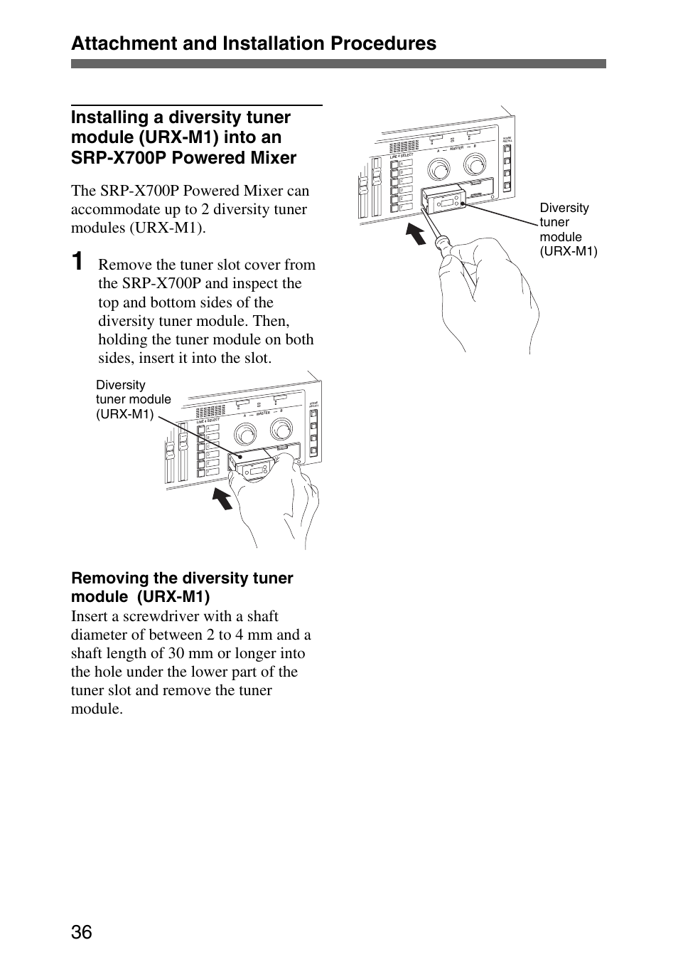 Attachment and installation procedures 36, Diversity tuner module (urx-m1) | Sony UPW-C1/C2 User Manual | Page 36 / 52