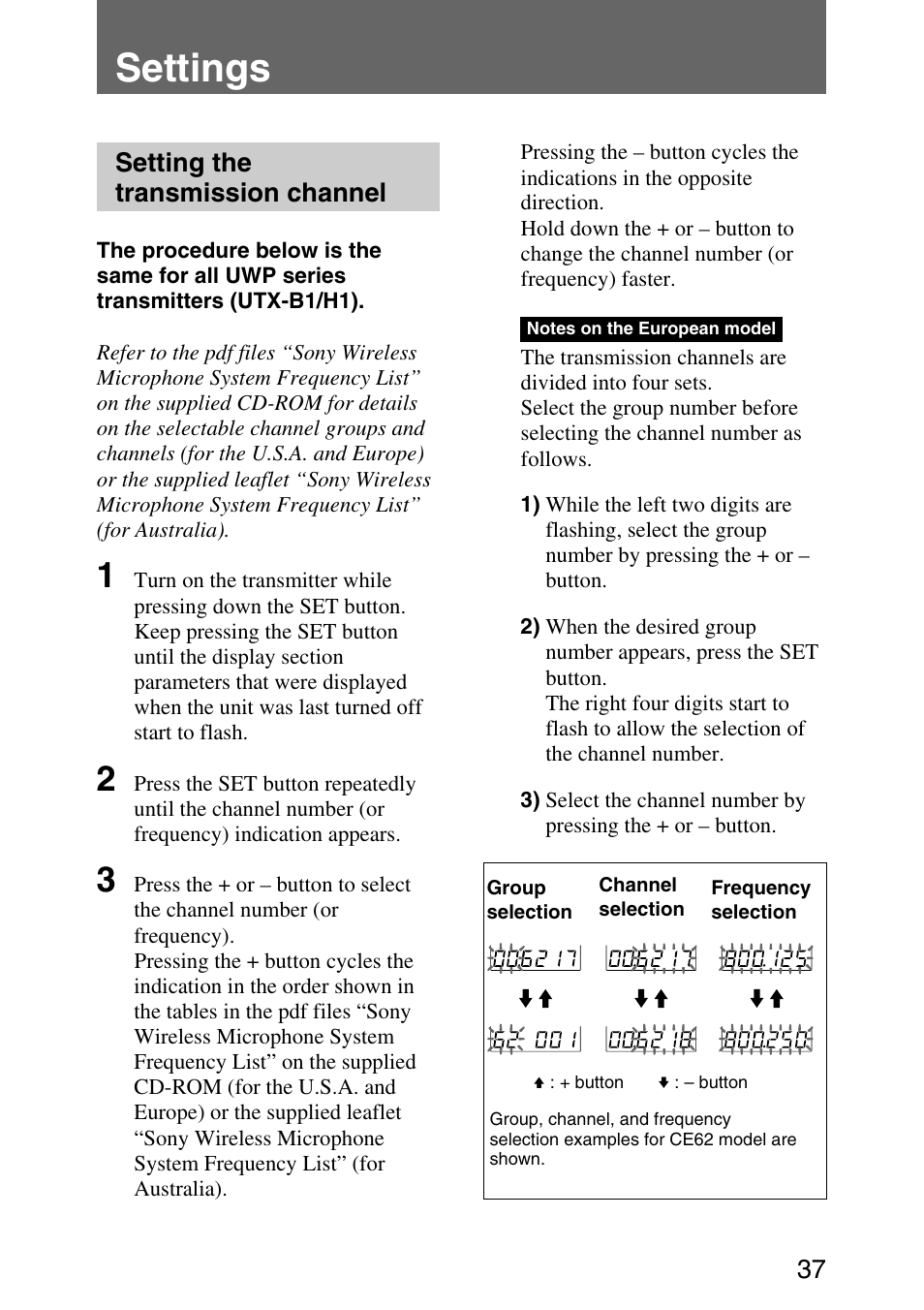 Settings, Setting the transmission channel | Sony UPW-C1/C2 User Manual | Page 37 / 52