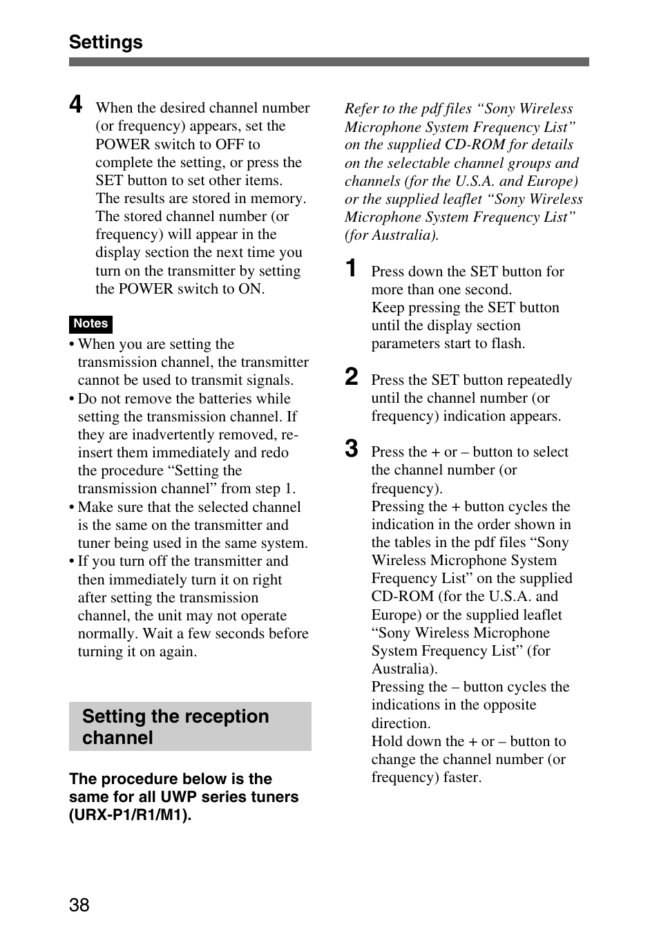 Setting the reception channel | Sony UPW-C1/C2 User Manual | Page 38 / 52