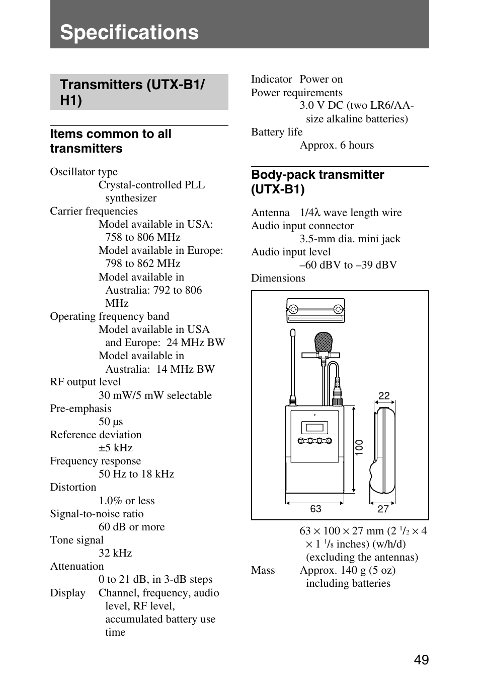 Specifications, Transmitters (utx-b1/ h1) | Sony UPW-C1/C2 User Manual | Page 49 / 52