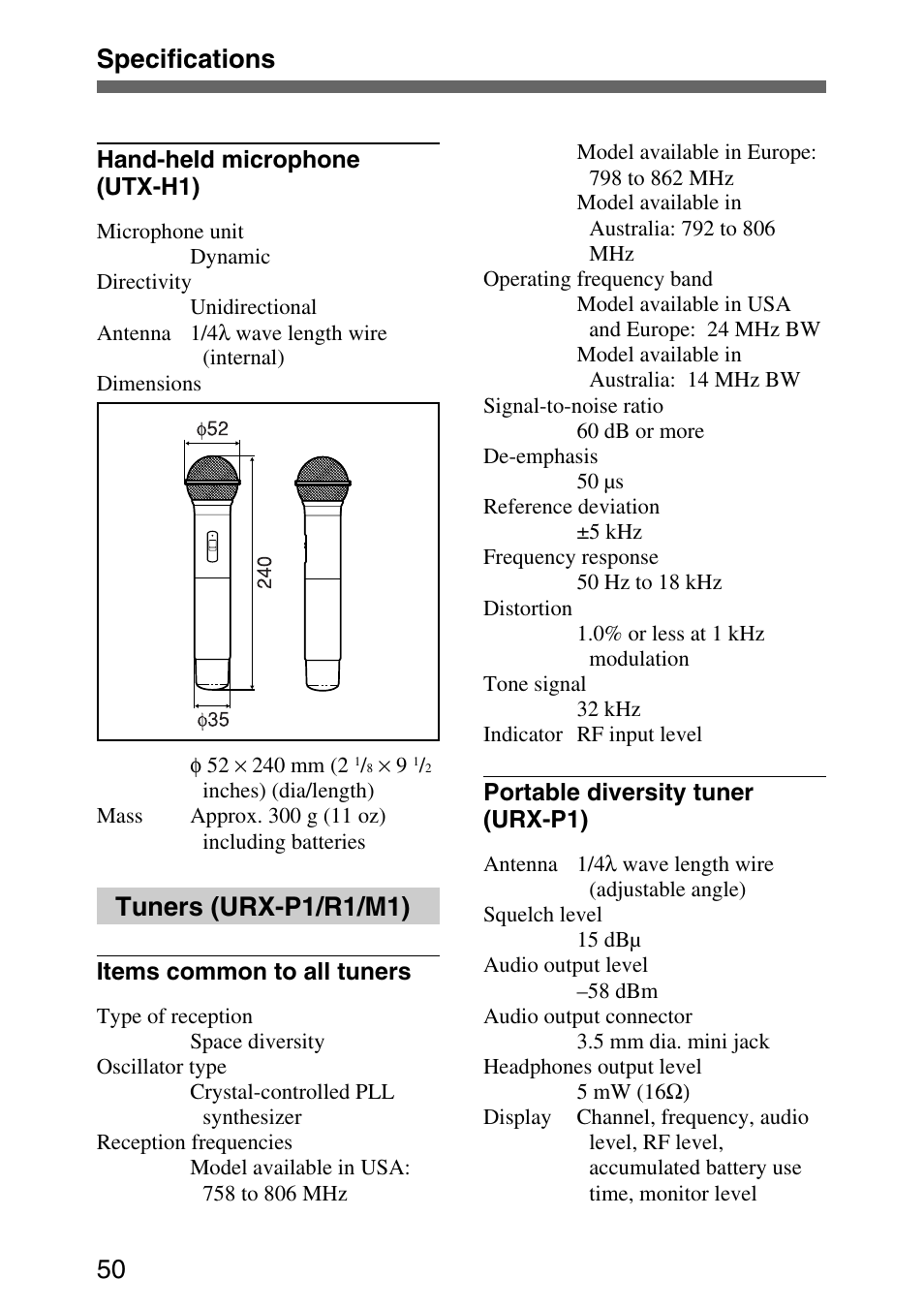 Specifications 50, Tuners (urx-p1/r1/m1) | Sony UPW-C1/C2 User Manual | Page 50 / 52