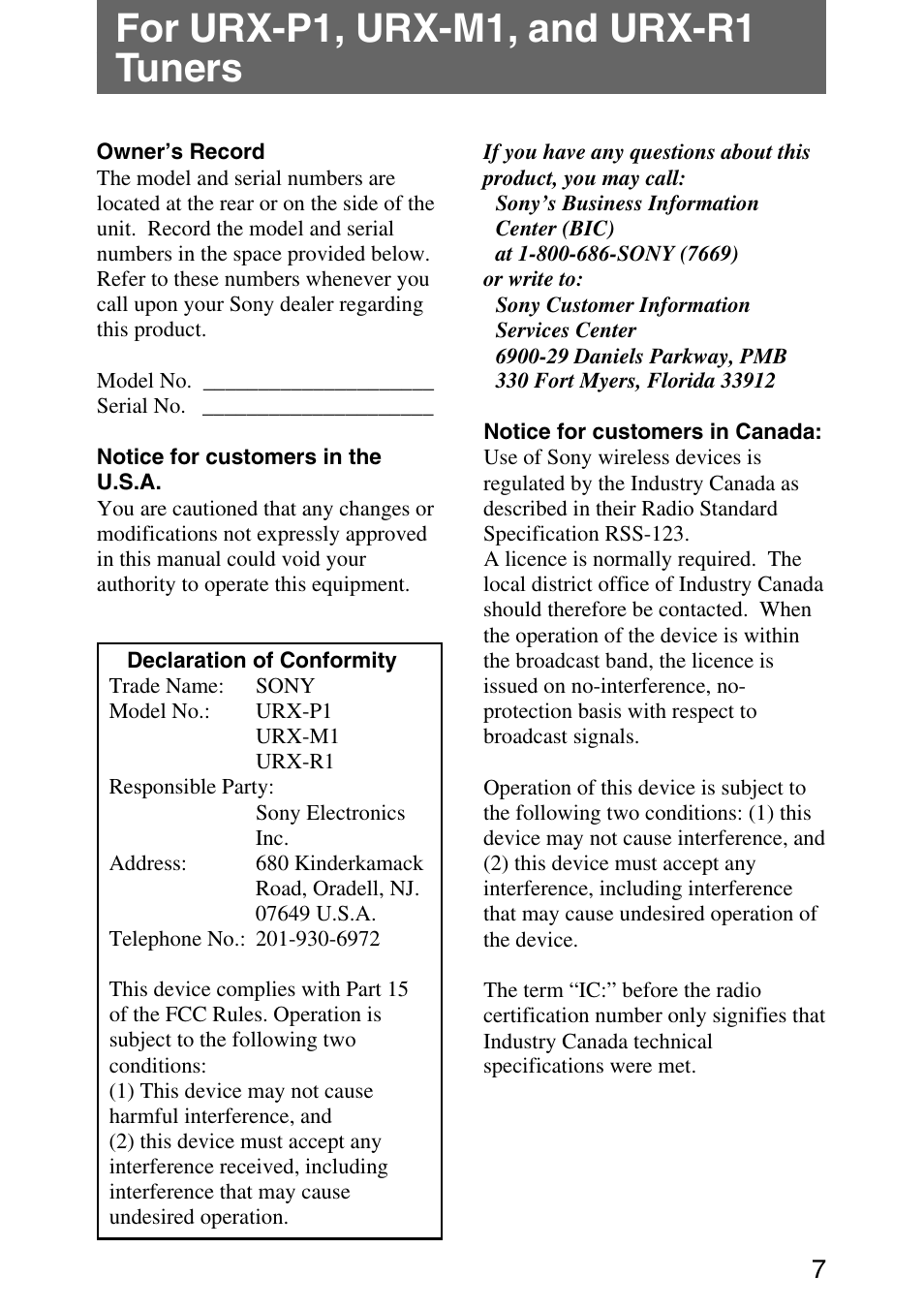 For urx-p1, urx-m1, and urx-r1 tuners | Sony UPW-C1/C2 User Manual | Page 7 / 52