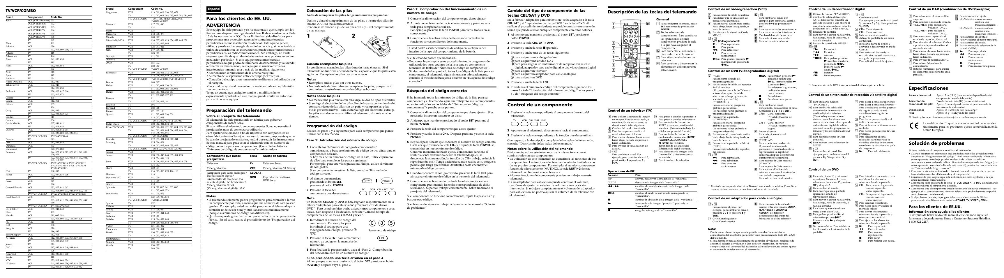 Descripción de las teclas del telemando, Control de un componente, Para los clientes de ee. uu. advertencia | Preparación del telemando, Especificaciones, Solución de problemas, Tv/vcr/combo, Colocación de las pilas, Programación del código, Búsqueda del código correcto | Sony RM-V202 User Manual | Page 2 / 2