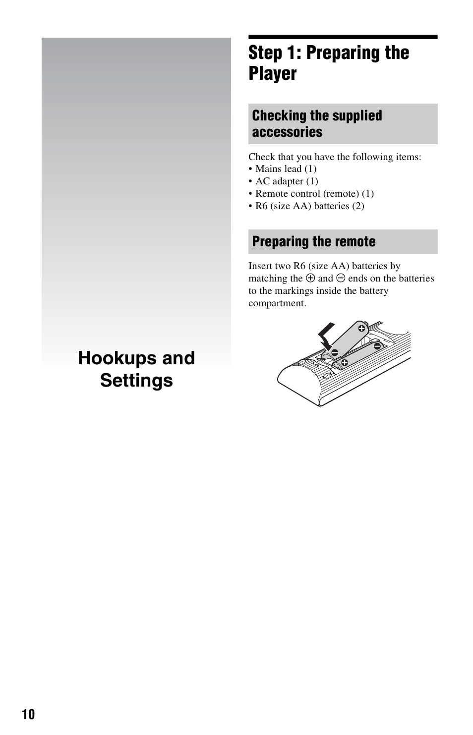 Hookups and settings, Step 1: preparing the player, Hookups and settings step 1: preparing the player | Sony SMP-N100 User Manual | Page 10 / 31