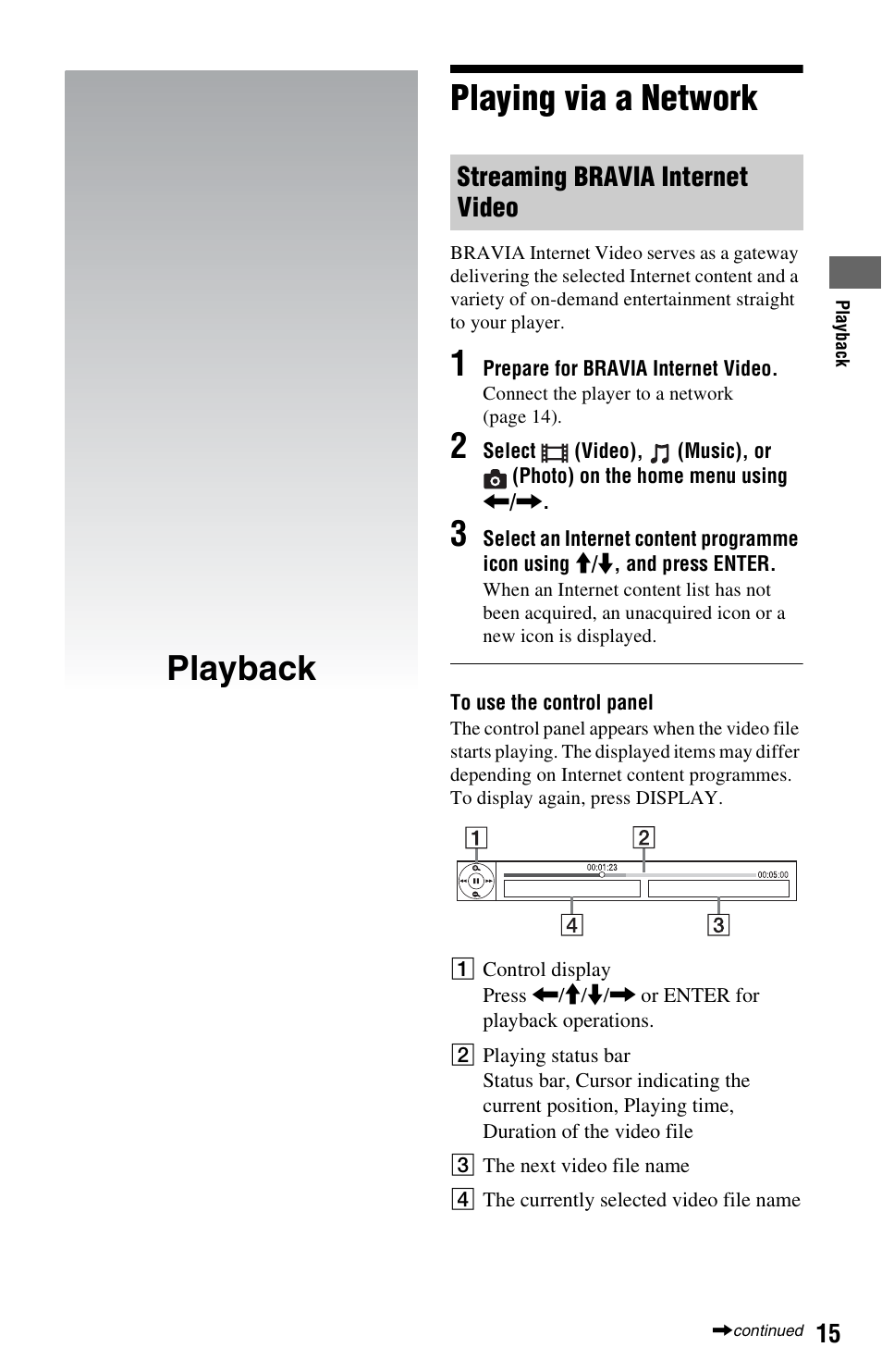 Playback, Playing via a network, Playback playing via a network | Streaming bravia internet video | Sony SMP-N100 User Manual | Page 15 / 31