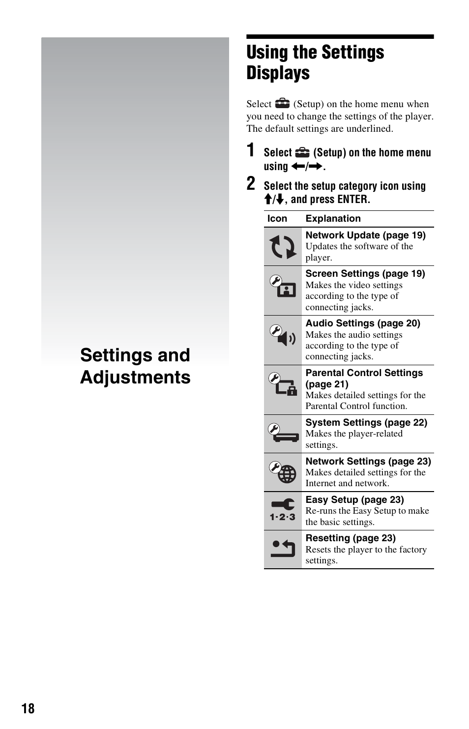 Settings and adjustments, Using the settings displays | Sony SMP-N100 User Manual | Page 18 / 31