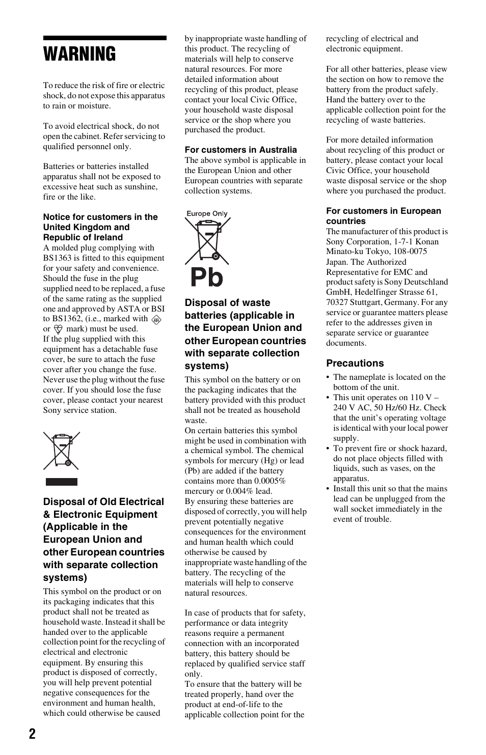 Warning | Sony SMP-N100 User Manual | Page 2 / 31