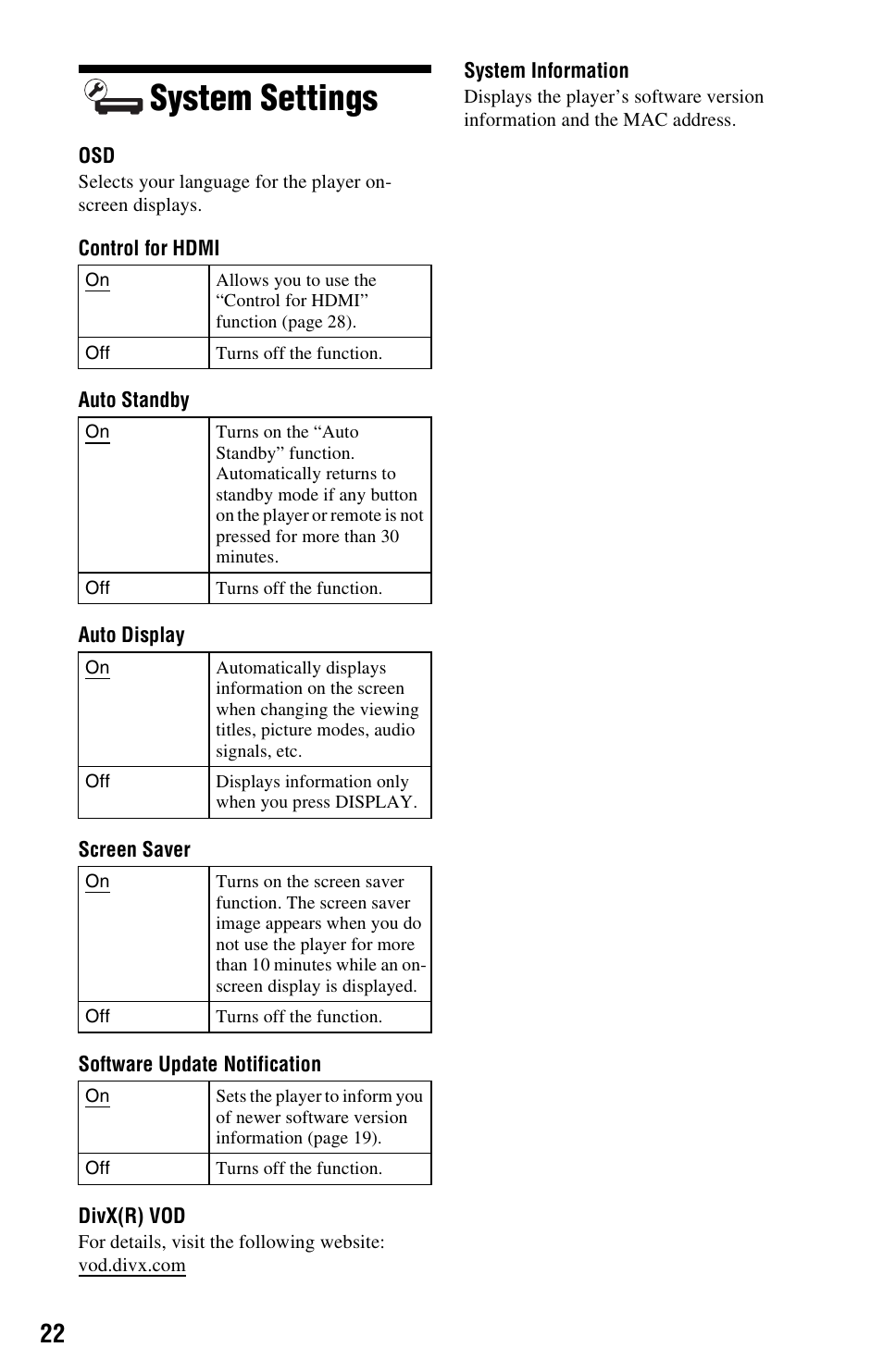 System settings | Sony SMP-N100 User Manual | Page 22 / 31