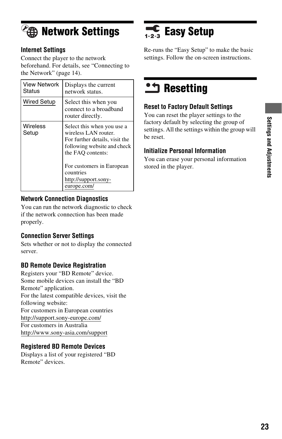 Network settings, Easy setup, Resetting | Network settings easy setup resetting | Sony SMP-N100 User Manual | Page 23 / 31