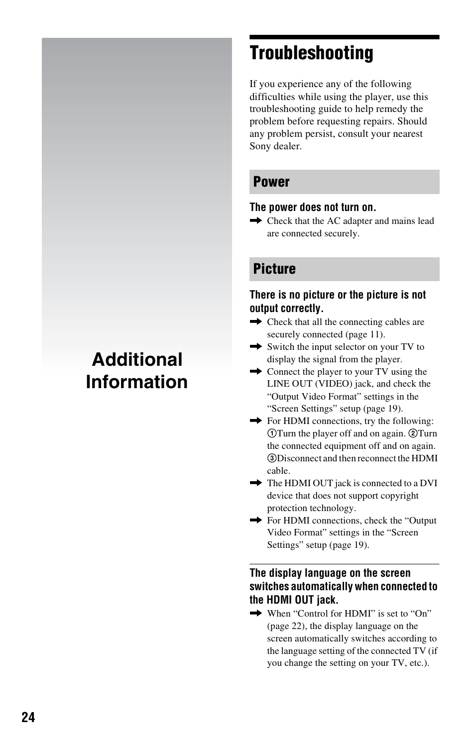 Additional information, Troubleshooting, Additional information troubleshooting | Power picture | Sony SMP-N100 User Manual | Page 24 / 31