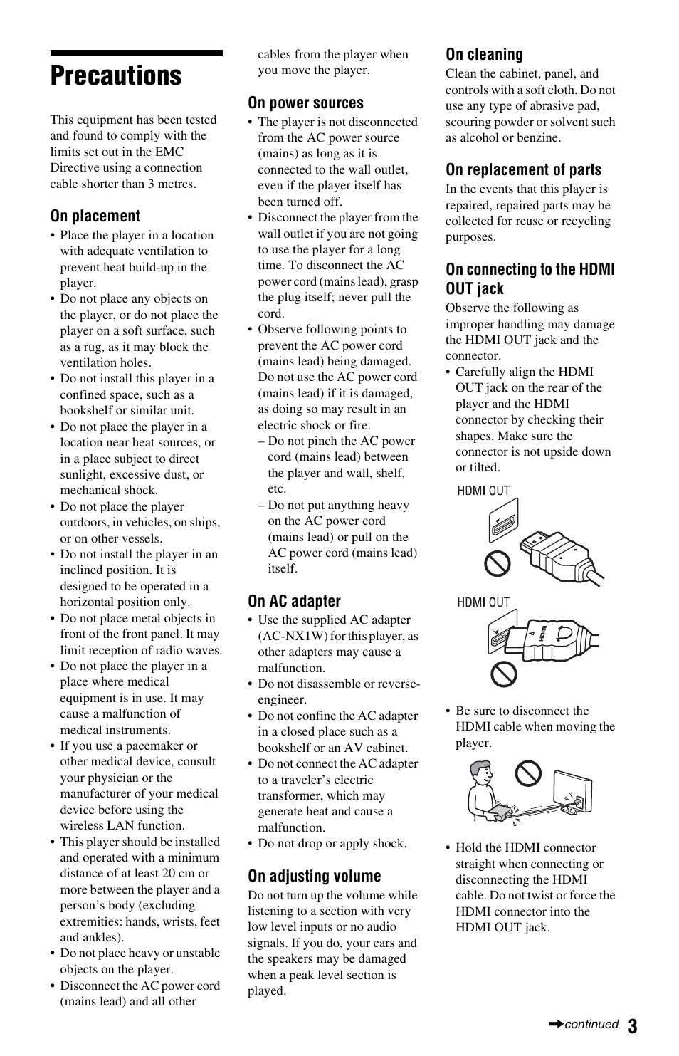 Precautions | Sony SMP-N100 User Manual | Page 3 / 31