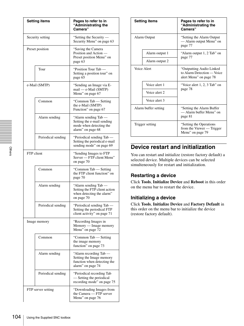 Device restart and initialization, Restarting a device, Initializing a device | Sony IPELA SNC-RH124 User Manual | Page 104 / 120