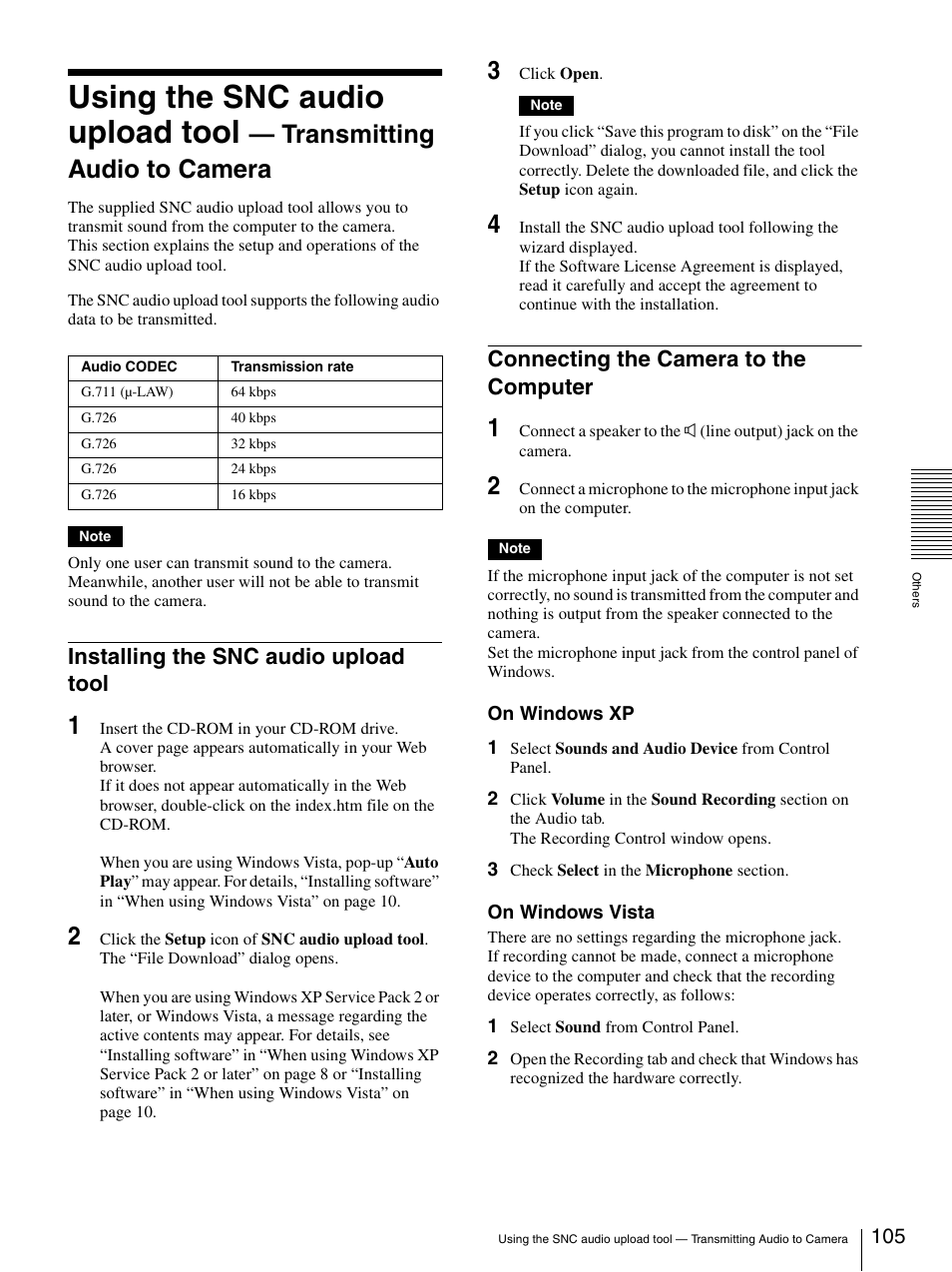 Installing the snc audio upload tool, Connecting the camera to the computer, Using the snc audio upload tool | Transmitting audio to camera | Sony IPELA SNC-RH124 User Manual | Page 105 / 120