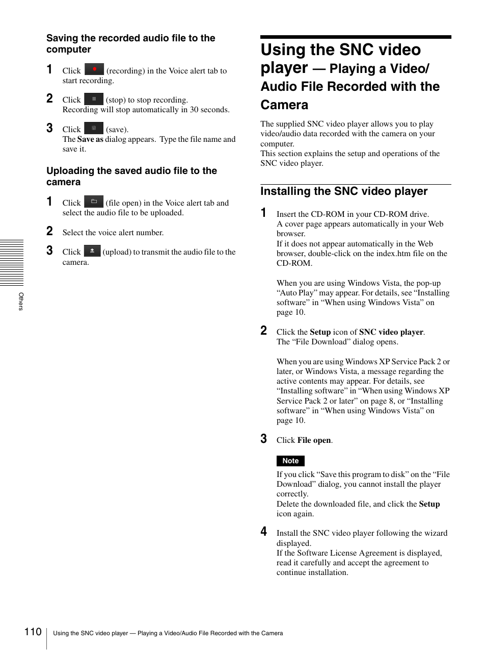 Installing the snc video player, Using the snc video player | Sony IPELA SNC-RH124 User Manual | Page 110 / 120