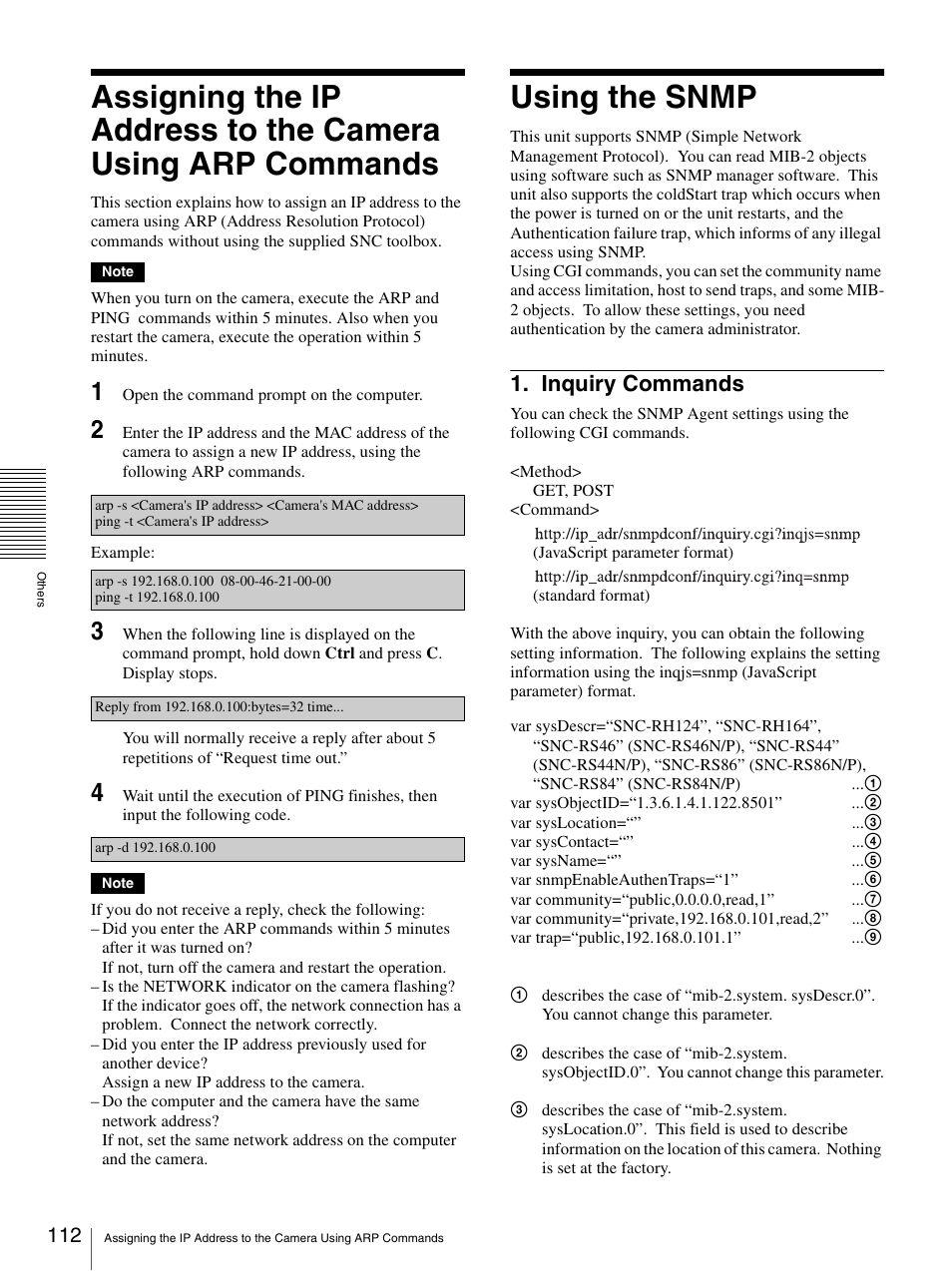 Using the snmp, Inquiry commands | Sony IPELA SNC-RH124 User Manual | Page 112 / 120