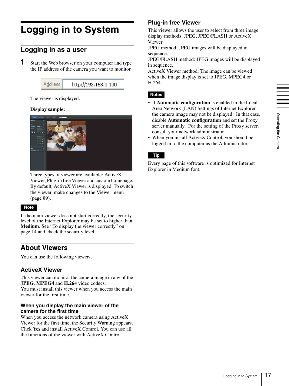 Logging in to system, Logging in as a user, About viewers | Logging in as a user about viewers | Sony IPELA SNC-RH124 User Manual | Page 17 / 120