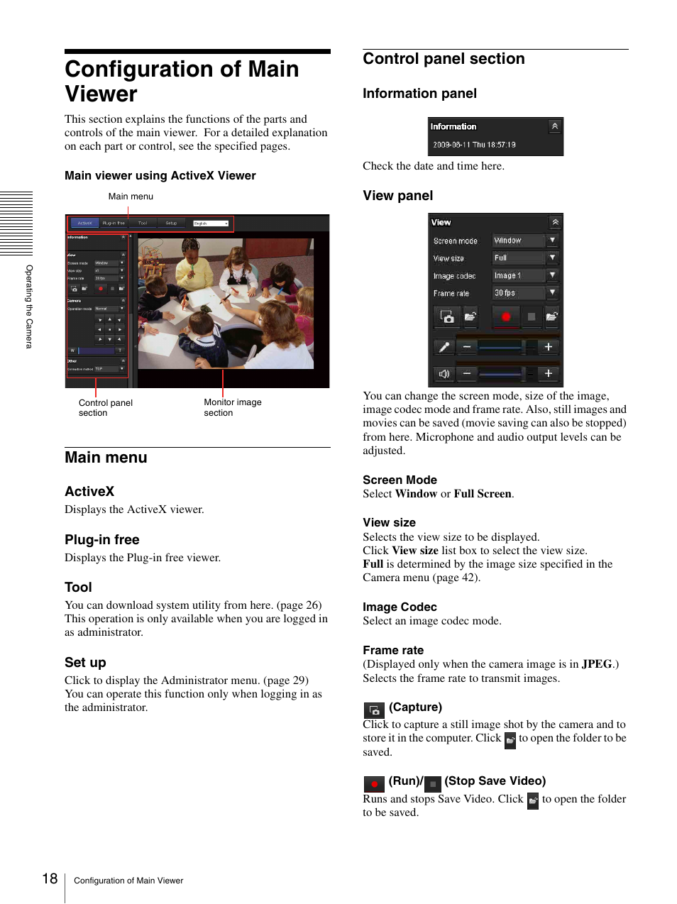 Configuration of main viewer, Main menu, Control panel section | Main menu control panel section | Sony IPELA SNC-RH124 User Manual | Page 18 / 120