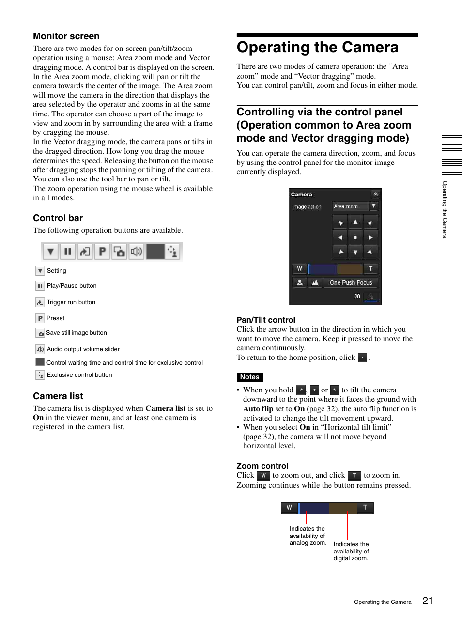 Operating the camera, Controlling via the control panel (operation, Common to area zoom mode and vector dragging mode) | Monitor screen, Control bar, Camera list | Sony IPELA SNC-RH124 User Manual | Page 21 / 120