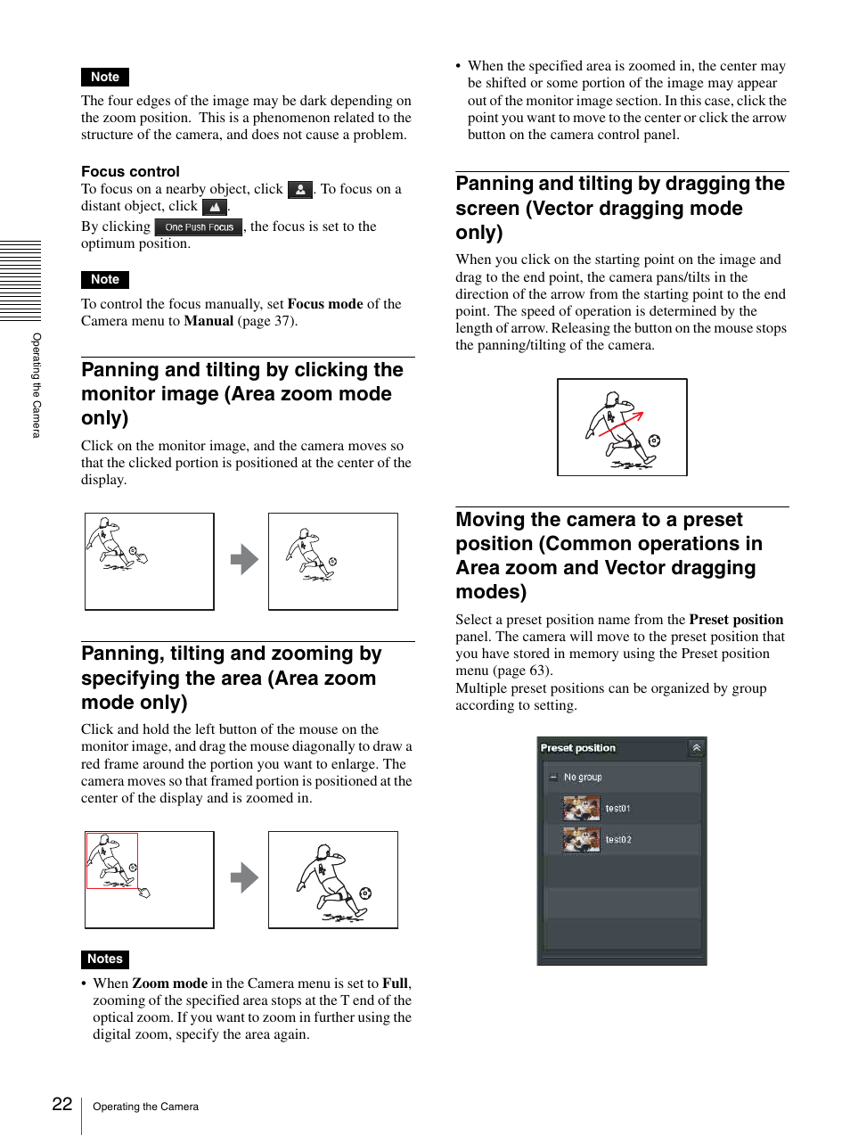 Panning and tilting by clicking the monitor image, Area zoom mode only), Panning, tilting and zooming by specifying the | Area (area zoom mode only), Panning and tilting by dragging the screen (vector, Dragging mode only), Moving the camera to a preset position (common, Operations in area zoom and vector dragging modes) | Sony IPELA SNC-RH124 User Manual | Page 22 / 120