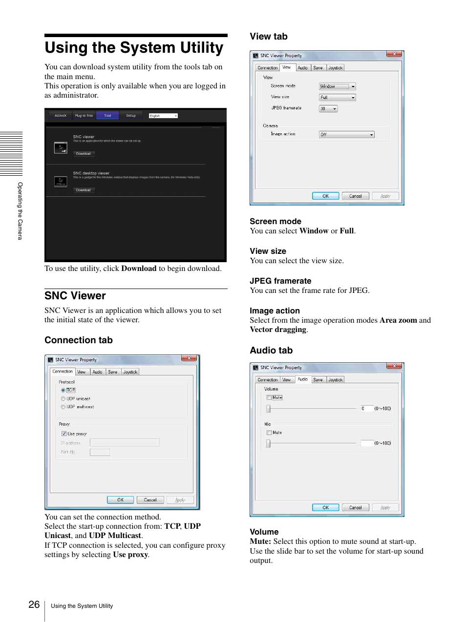 Using the system utility, Snc viewer | Sony IPELA SNC-RH124 User Manual | Page 26 / 120