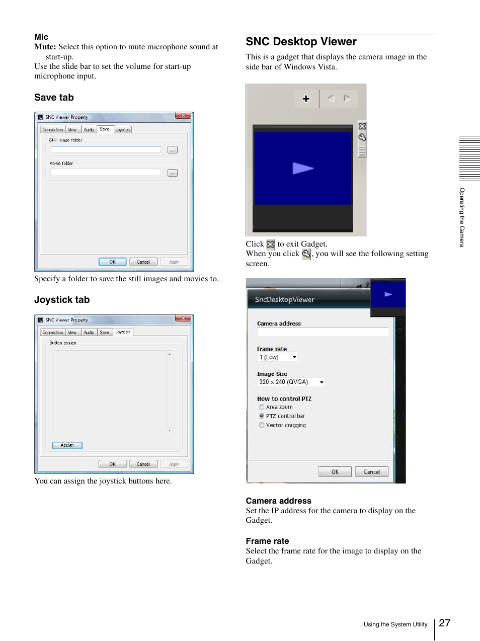 Snc desktop viewer, Save tab, Joystick tab | Sony IPELA SNC-RH124 User Manual | Page 27 / 120
