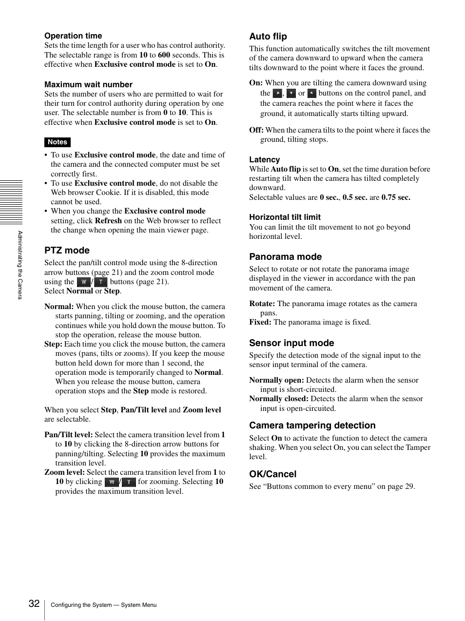 Ptz mode, Auto flip, Panorama mode | Sensor input mode, Camera tampering detection, Ok/cancel | Sony IPELA SNC-RH124 User Manual | Page 32 / 120