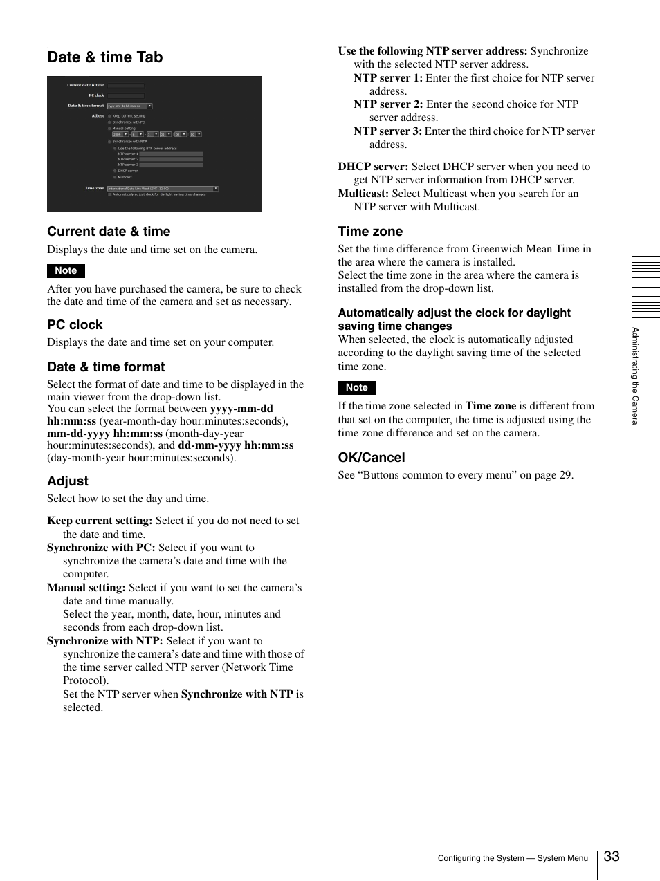 Date & time tab, Current date & time, Pc clock | Date & time format, Adjust, Time zone, Ok/cancel | Sony IPELA SNC-RH124 User Manual | Page 33 / 120
