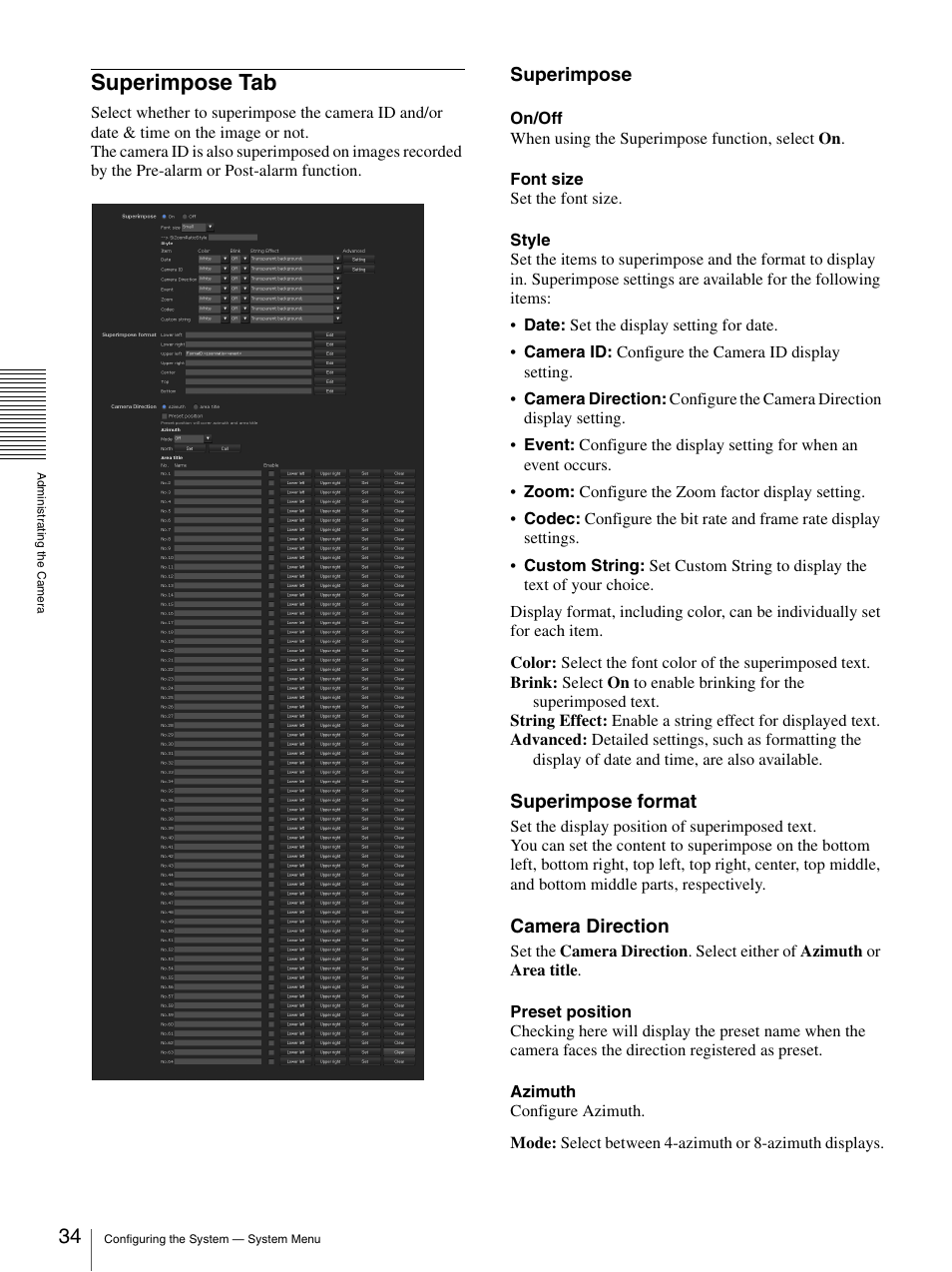 Superimpose tab, Superimpose, Superimpose format | Camera direction | Sony IPELA SNC-RH124 User Manual | Page 34 / 120