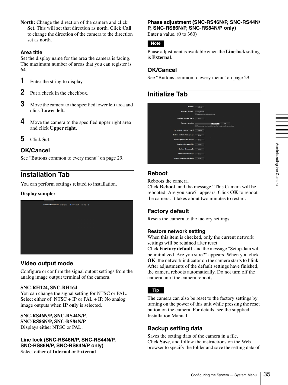 Installation tab, Initialize tab, Installation tab initialize tab | Sony IPELA SNC-RH124 User Manual | Page 35 / 120