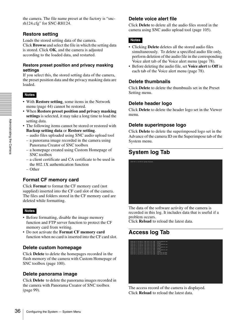 System log tab, Access log tab, System log tab access log tab | Sony IPELA SNC-RH124 User Manual | Page 36 / 120