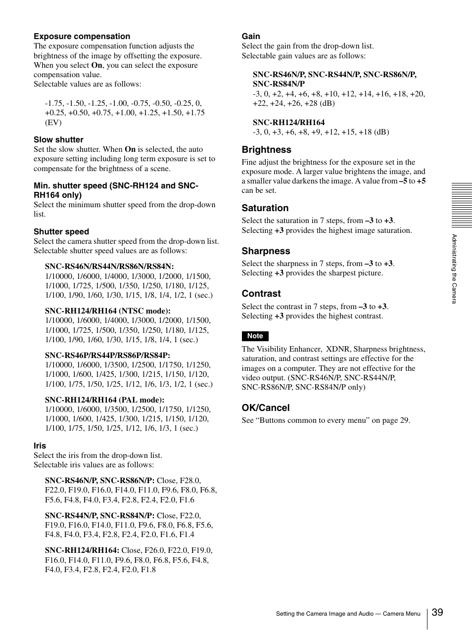 Brightness, Saturation, Sharpness | Contrast, Ok/cancel | Sony IPELA SNC-RH124 User Manual | Page 39 / 120