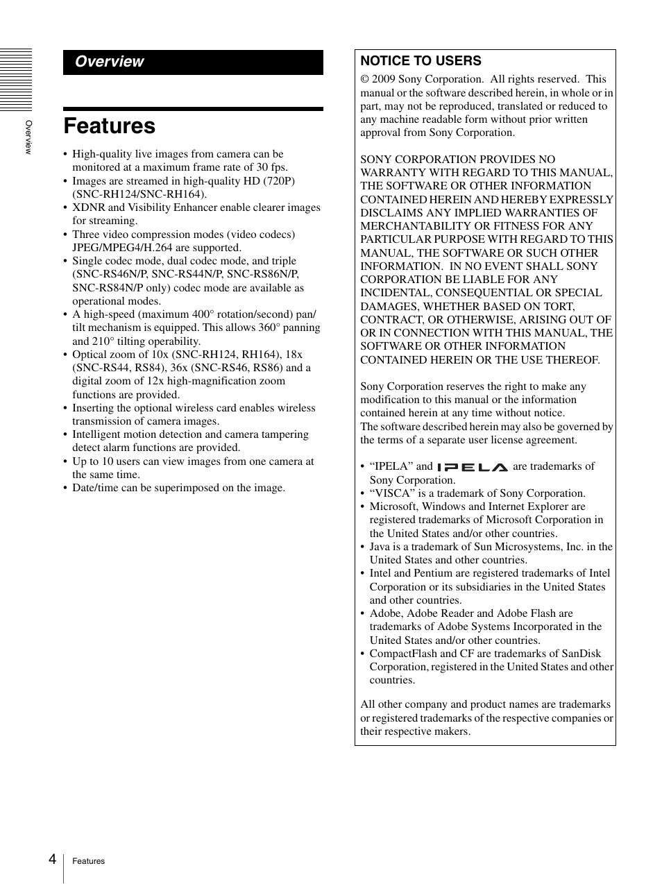 Overview, Features | Sony IPELA SNC-RH124 User Manual | Page 4 / 120