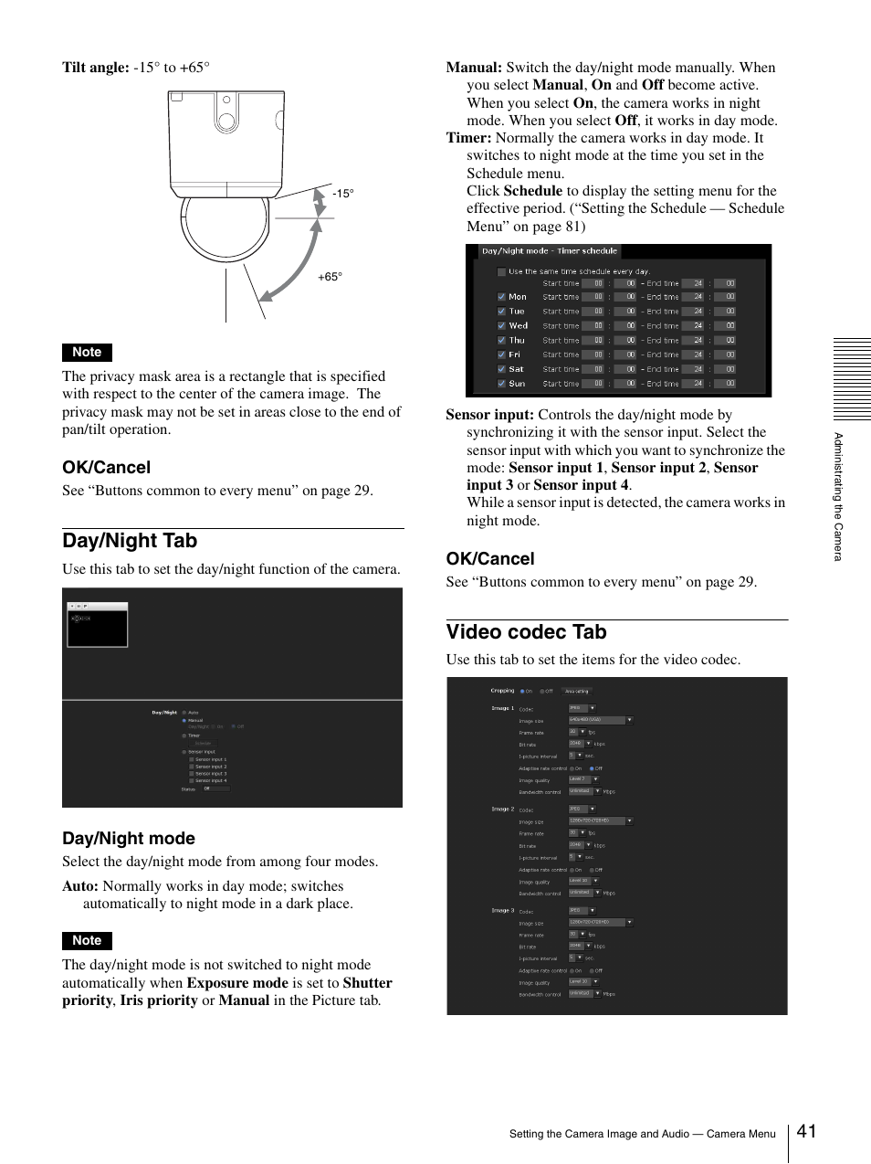 Day/night tab, Video codec tab, Day/night tab video codec tab | Ok/cancel, Day/night mode | Sony IPELA SNC-RH124 User Manual | Page 41 / 120