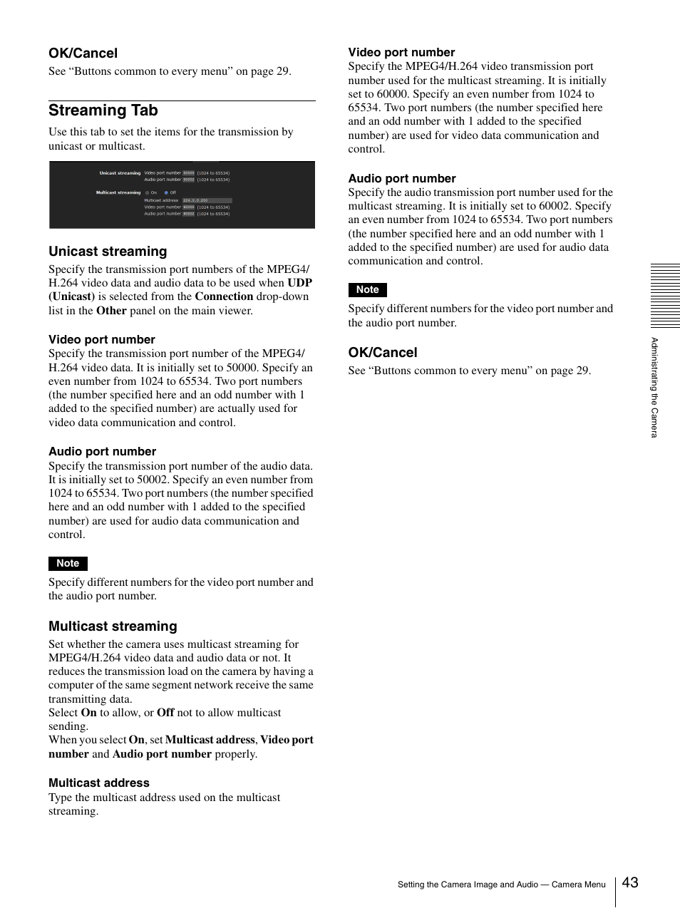 Streaming tab, Ok/cancel, Unicast streaming | Multicast streaming | Sony IPELA SNC-RH124 User Manual | Page 43 / 120