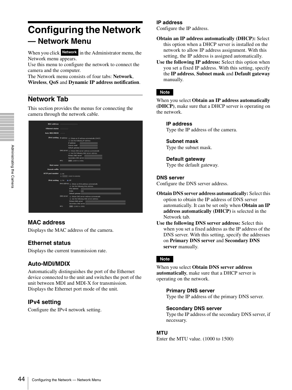 Configuring the network — network menu, Network tab, Configuring the network | Network menu | Sony IPELA SNC-RH124 User Manual | Page 44 / 120