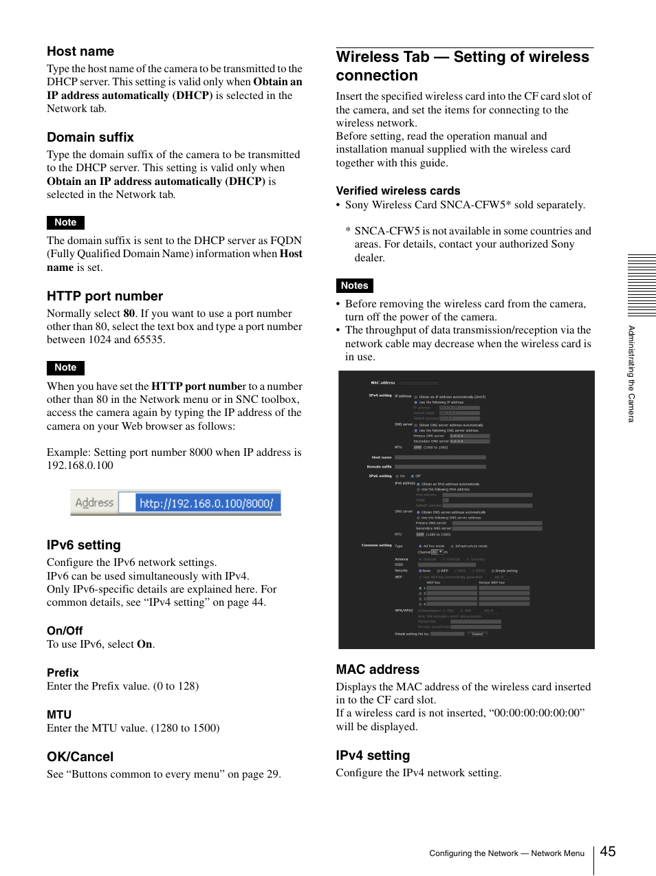 Wireless tab — setting of wireless connection, Wireless tab — setting of wireless, Connection | Host name, Domain suffix, Ipv6 setting, Ok/cancel, Mac address, Ipv4 setting | Sony IPELA SNC-RH124 User Manual | Page 45 / 120