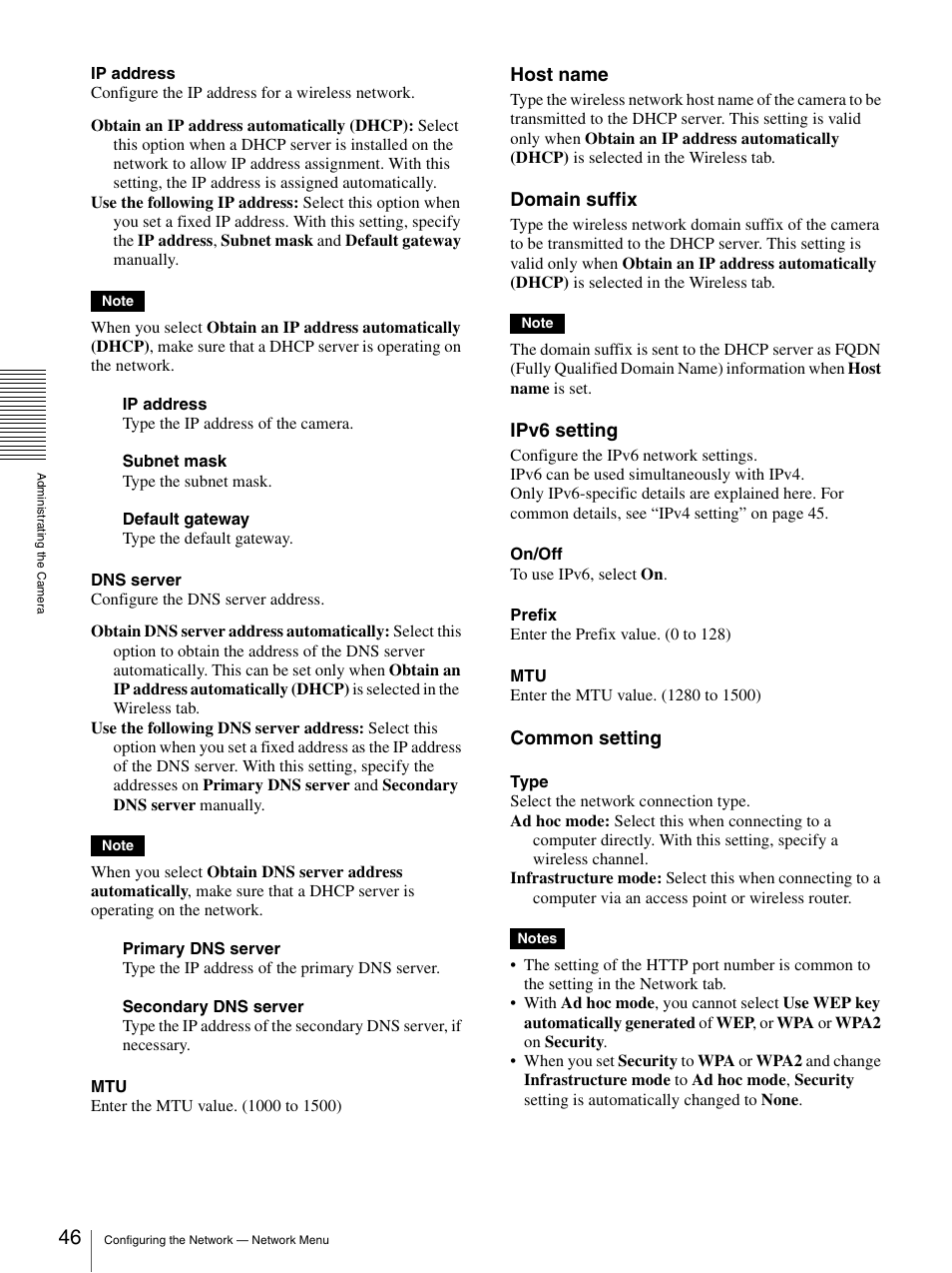 Host name, Domain suffix, Ipv6 setting | Common setting | Sony IPELA SNC-RH124 User Manual | Page 46 / 120