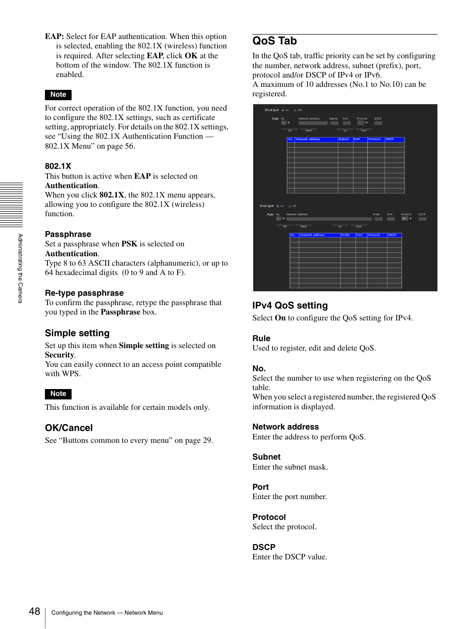 Qos tab, Simple setting, Ok/cancel | Ipv4 qos setting | Sony IPELA SNC-RH124 User Manual | Page 48 / 120
