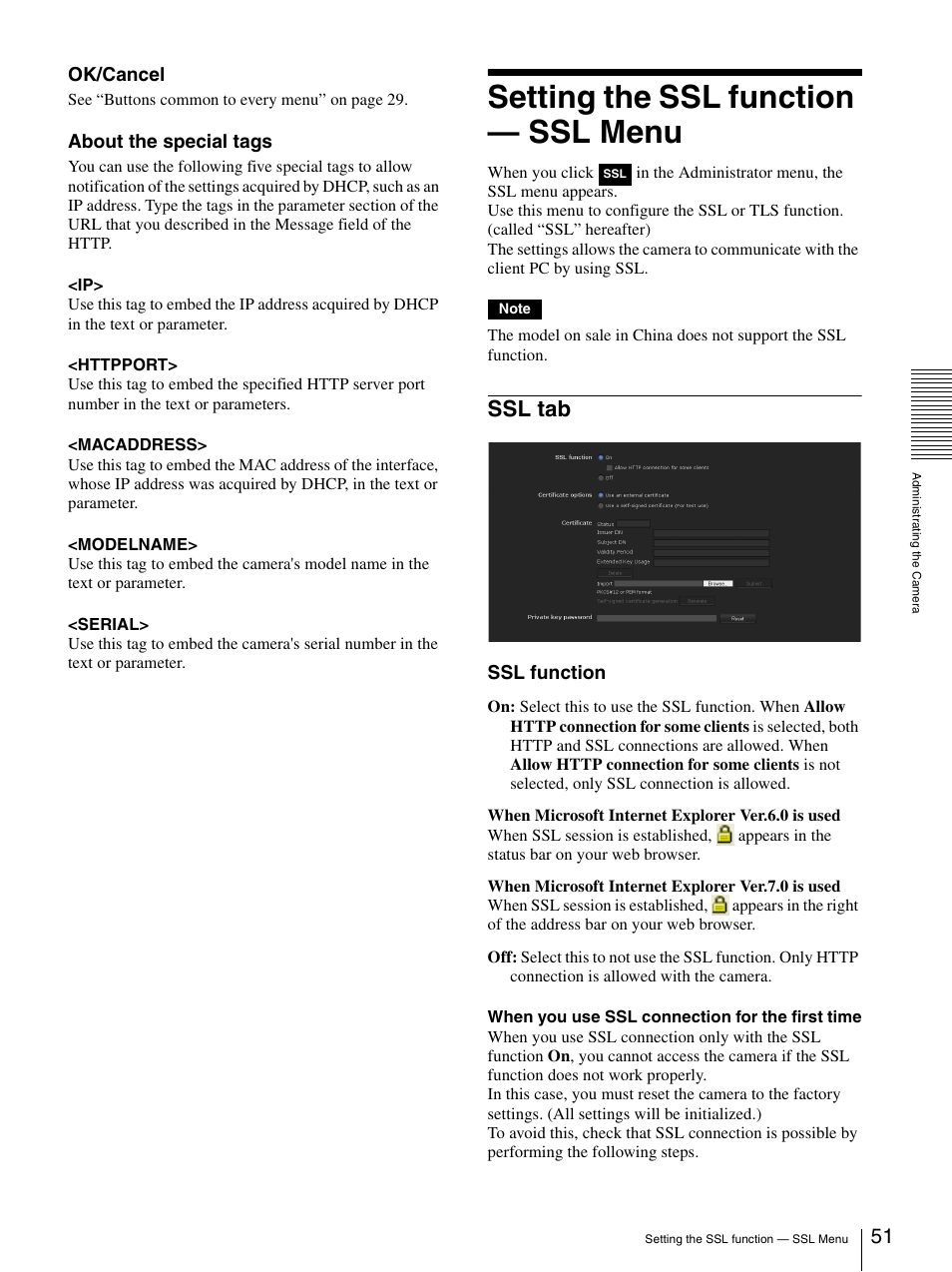 Setting the ssl function — ssl menu, Ssl tab, Ok/cancel | About the special tags, Ssl function | Sony IPELA SNC-RH124 User Manual | Page 51 / 120