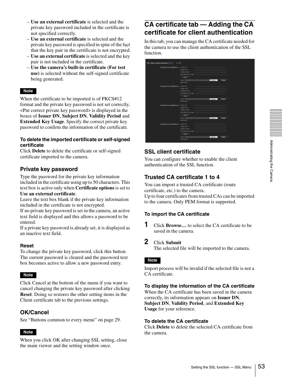 Ca certificate tab — adding the ca certificate for, Client authentication | Sony IPELA SNC-RH124 User Manual | Page 53 / 120