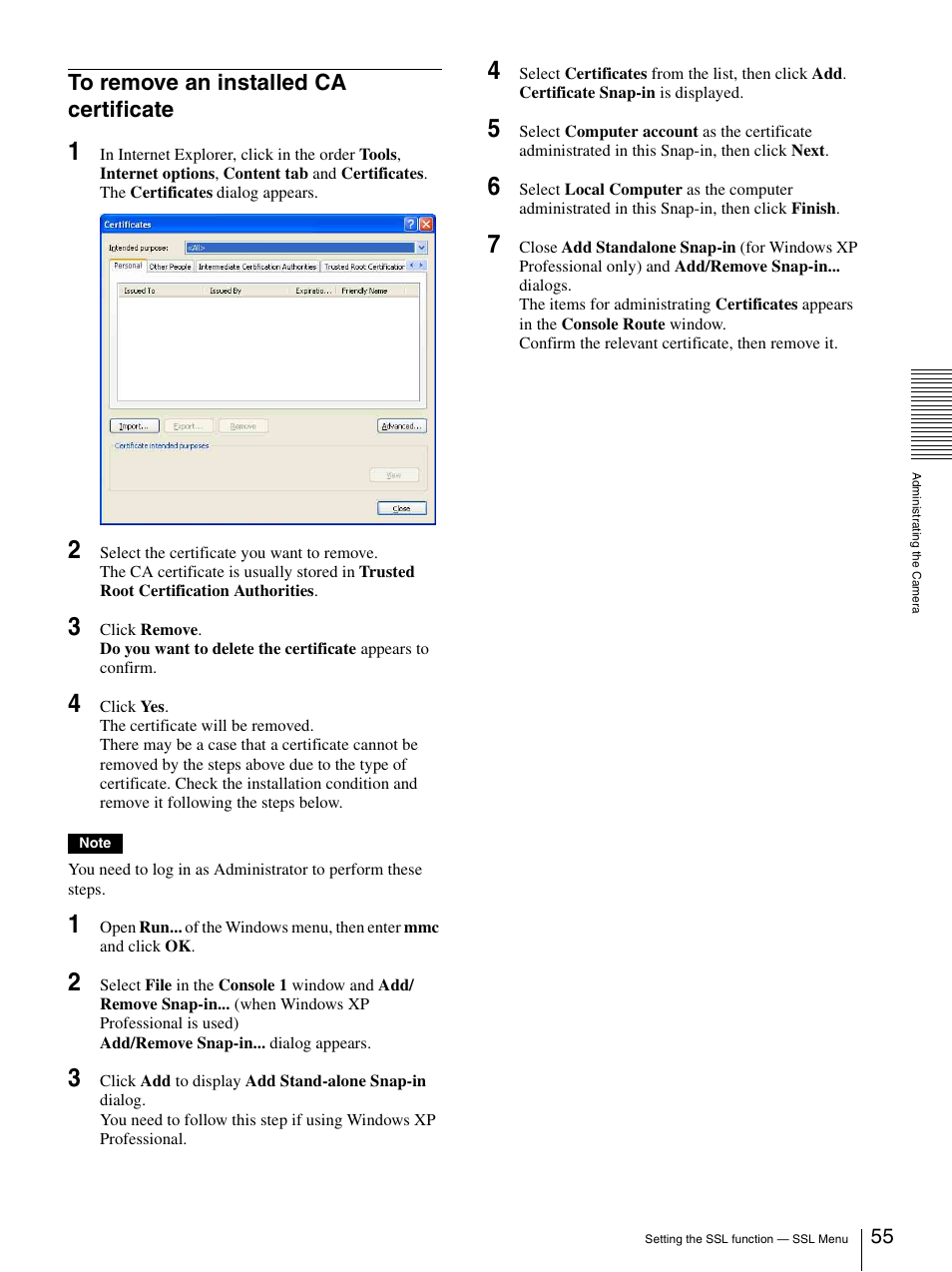 To remove an installed ca certificate | Sony IPELA SNC-RH124 User Manual | Page 55 / 120