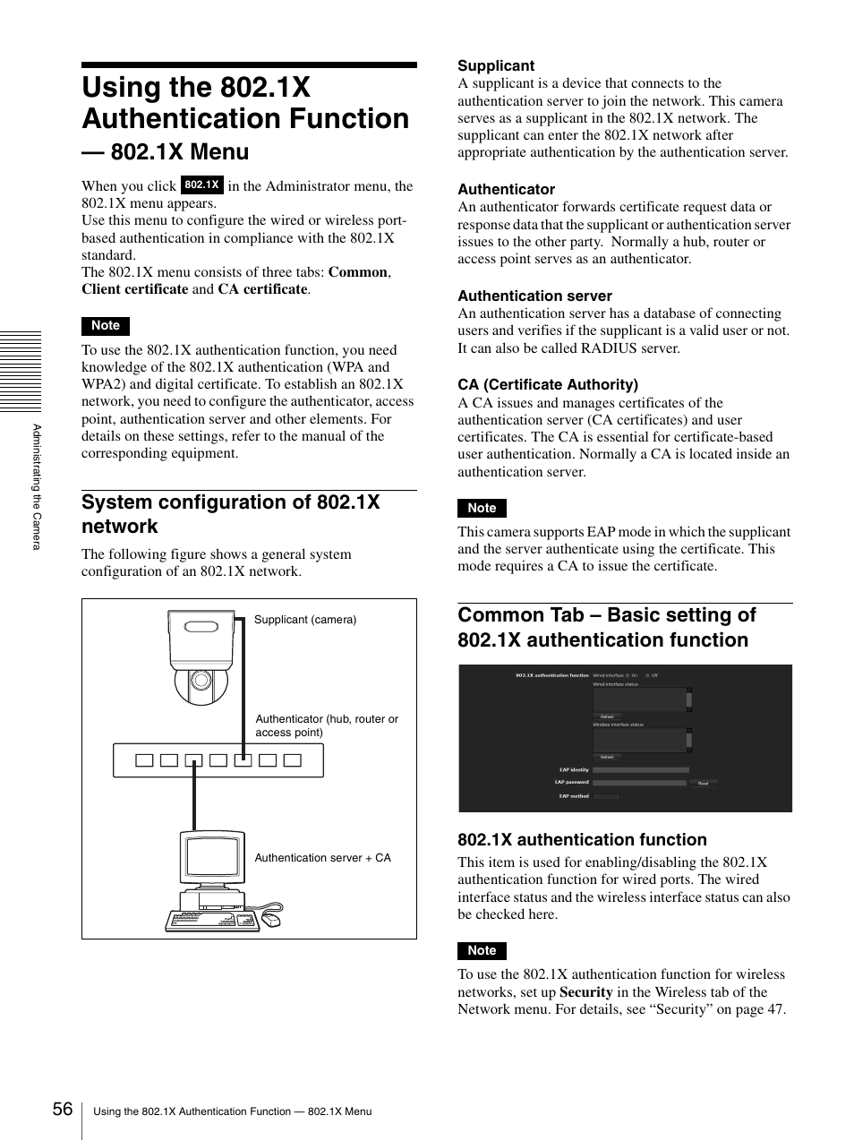 System configuration of 802.1x network, Authentication function, Using the 802.1x authentication function | 1x menu, 1x authentication function | Sony IPELA SNC-RH124 User Manual | Page 56 / 120