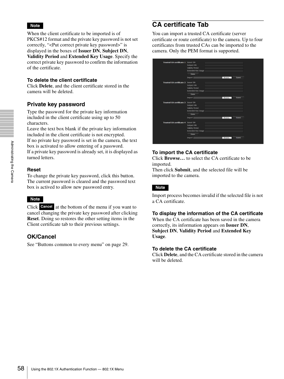 Ca certificate tab, Private key password, Ok/cancel | Sony IPELA SNC-RH124 User Manual | Page 58 / 120