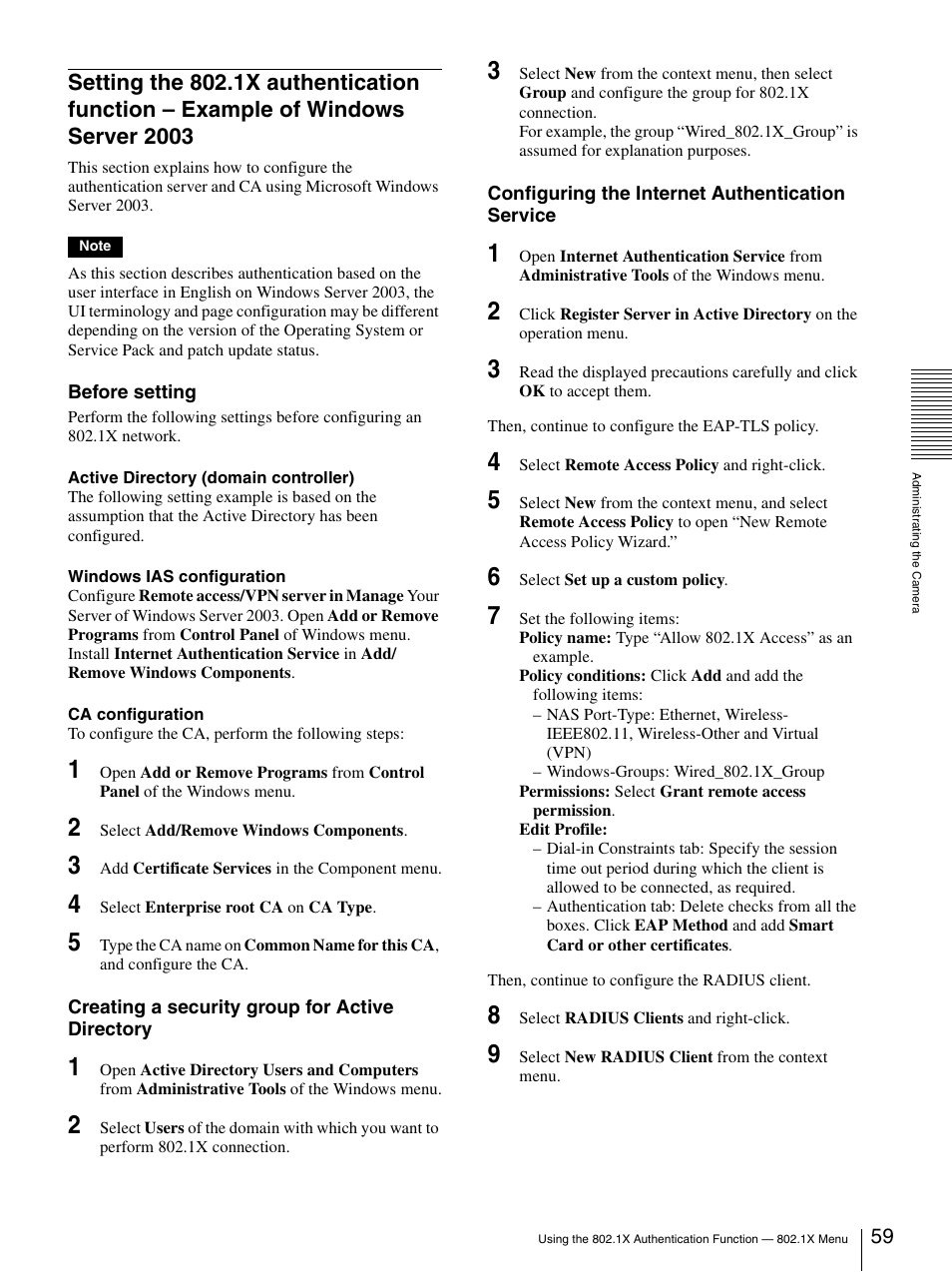Setting the 802.1x authentication function, Example of windows server 2003 | Sony IPELA SNC-RH124 User Manual | Page 59 / 120