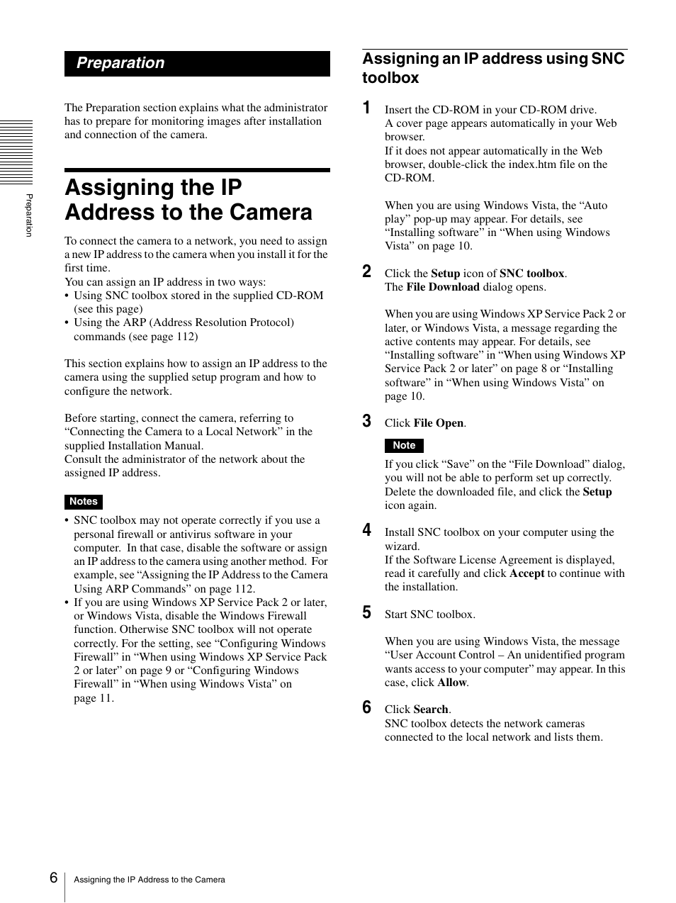 Preparation, Assigning the ip address to the camera, Assigning an ip address using snc toolbox | Sony IPELA SNC-RH124 User Manual | Page 6 / 120