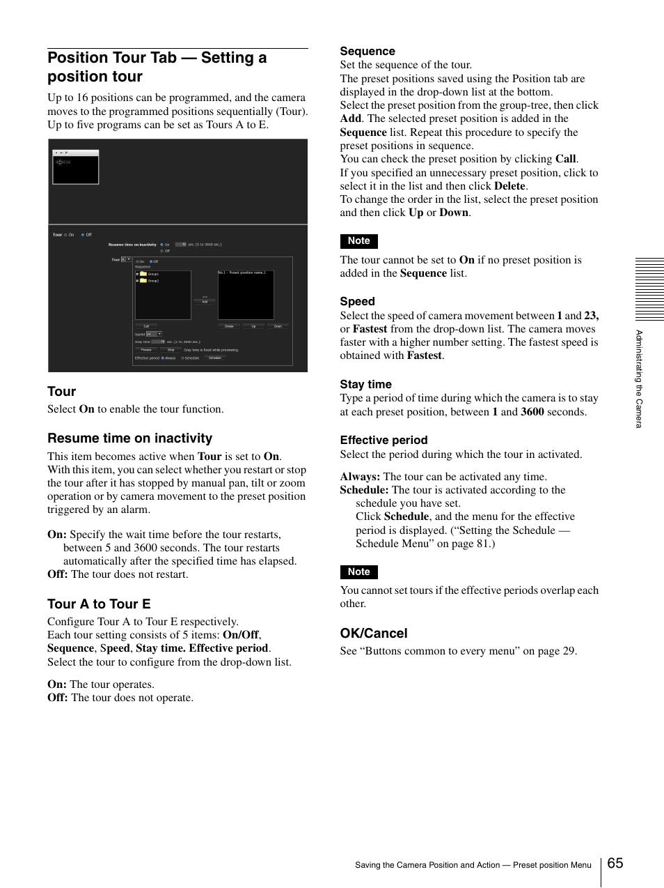 Position tour tab — setting a position tour, Position tour tab — setting a position, Tour | Resume time on inactivity, Tour a to tour e, Ok/cancel | Sony IPELA SNC-RH124 User Manual | Page 65 / 120